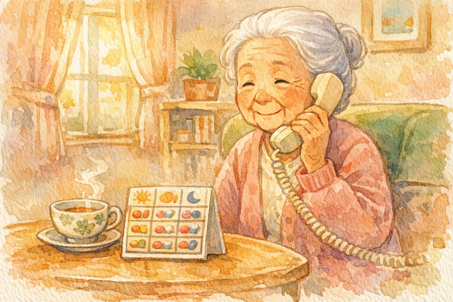 電話で穏やかに微笑むご高齢の母