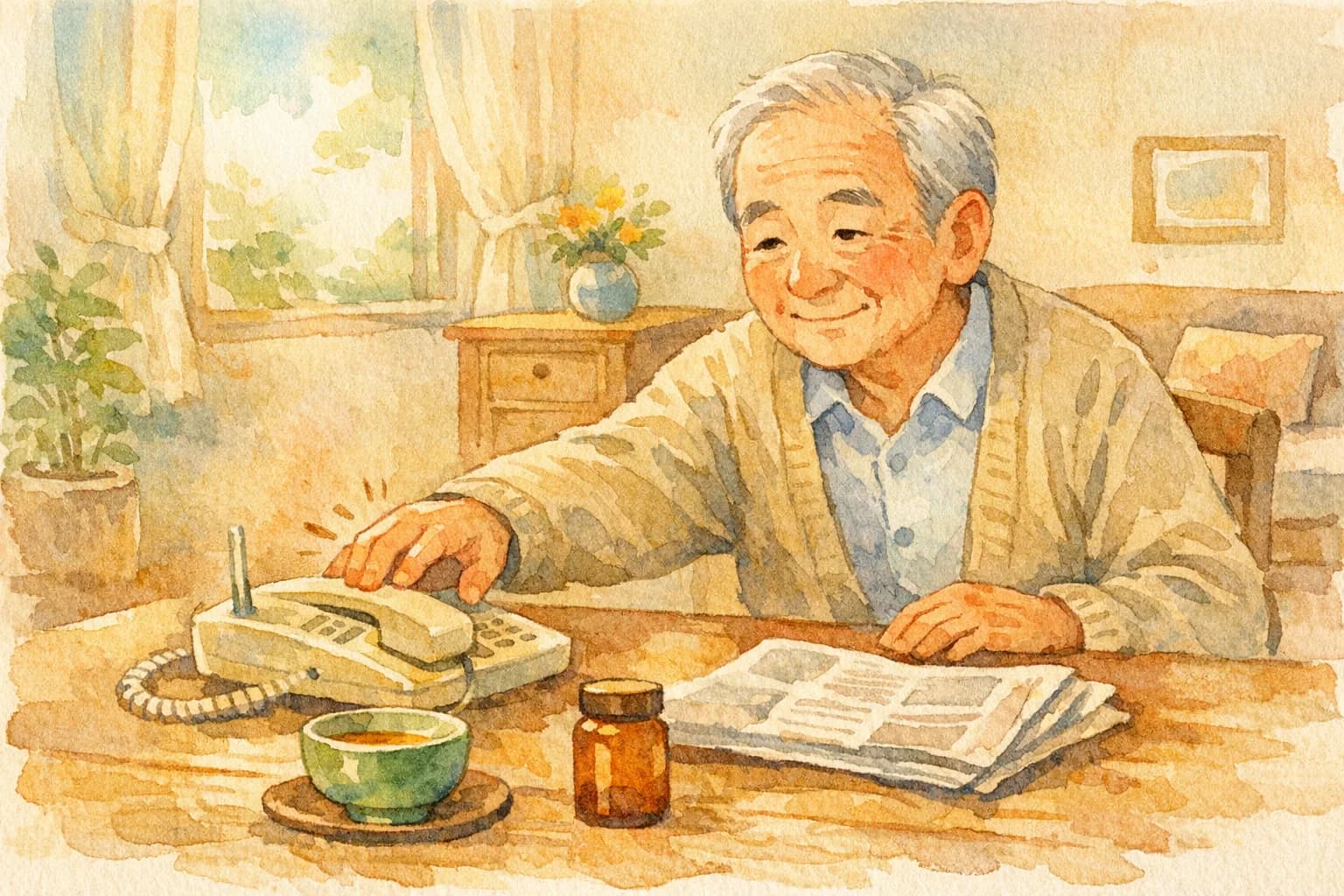 食卓で電話を受けるご高齢の男性